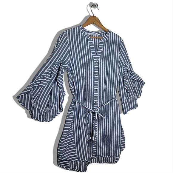 Given Kale Pinstripe Ruffle Split Bell Sleeve Waist Tie Tunic - Picture 4 of 5
